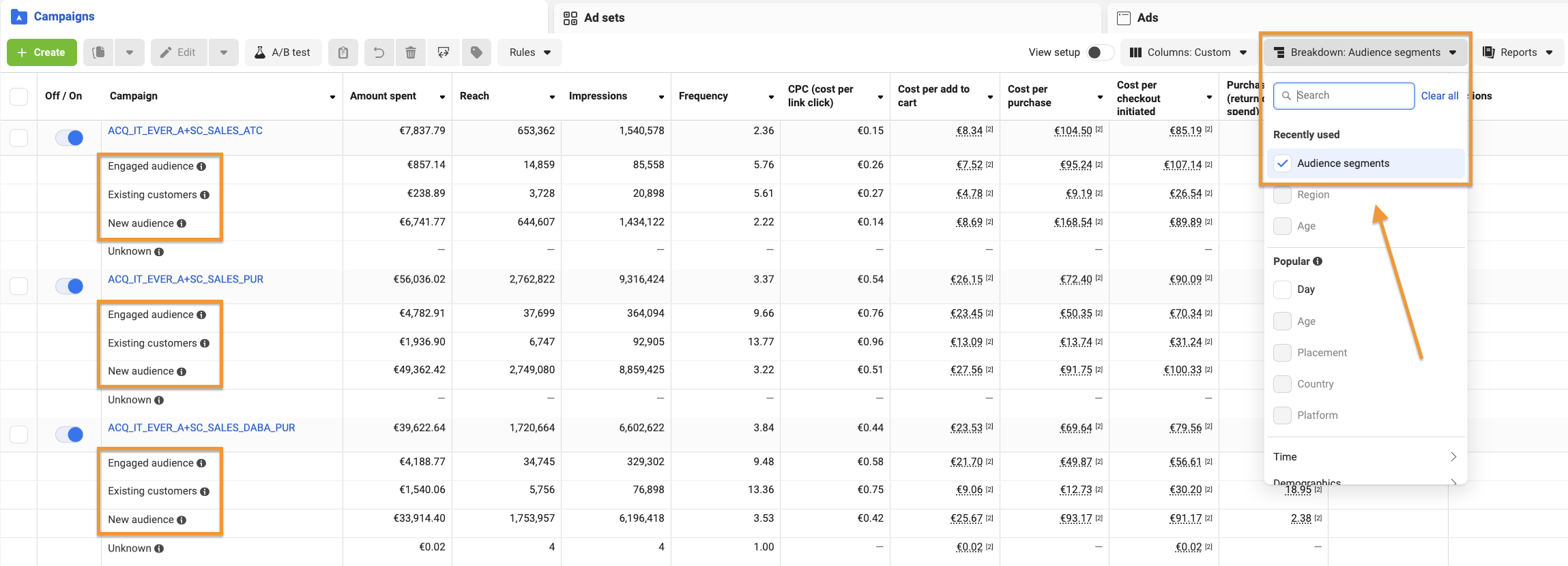 Definizione delle audience in Ads Manager