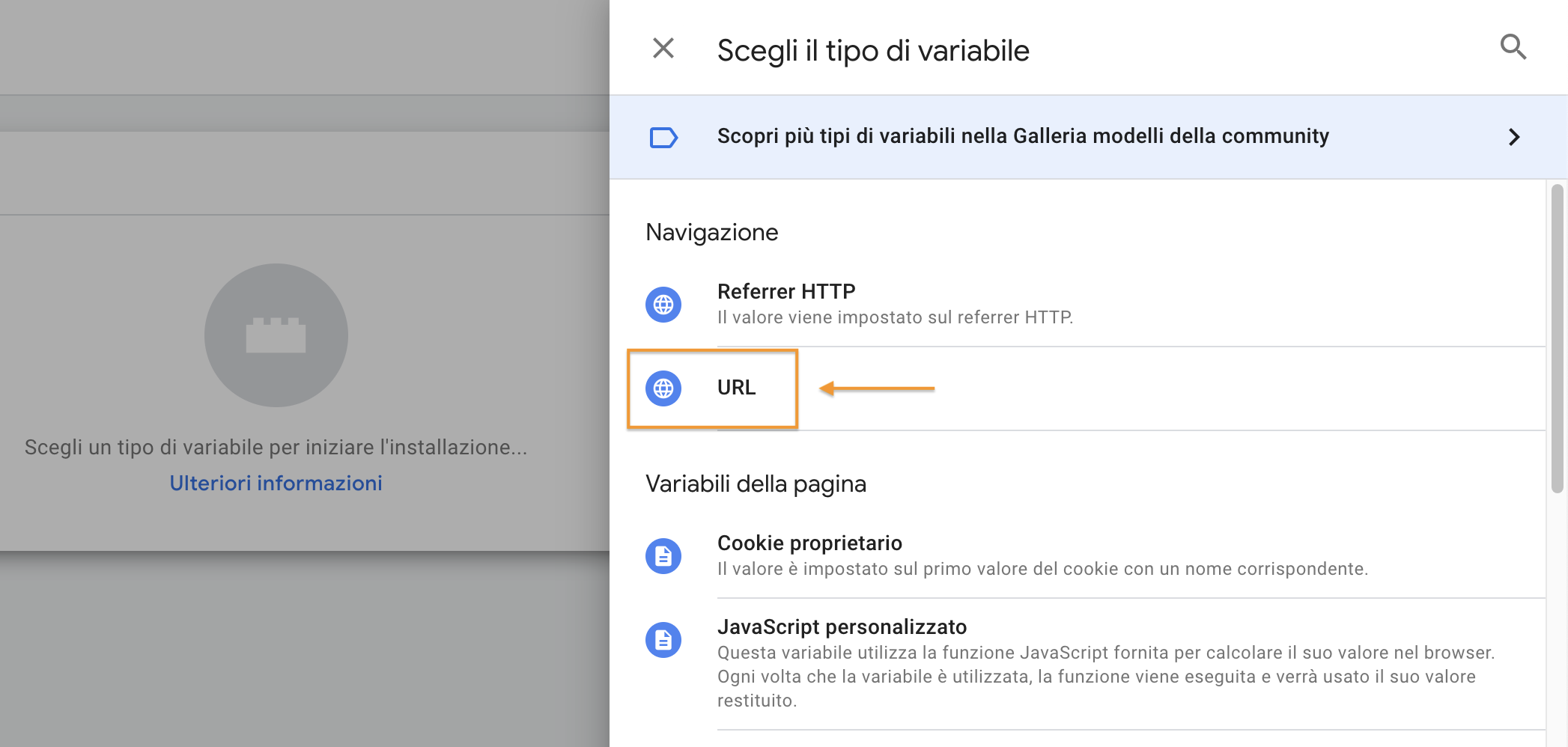 Scegliere il tipo di variabile su Google Tag Manager