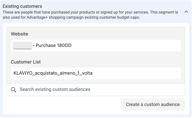 Definire il segmento Existing Customers su Meta