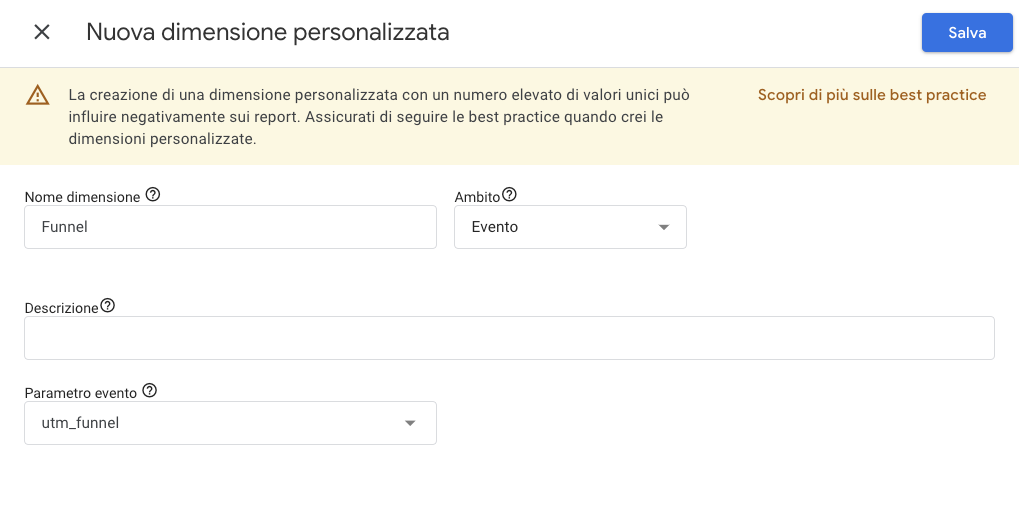 Nuova dimensione personalizzata su Google Analytics 4