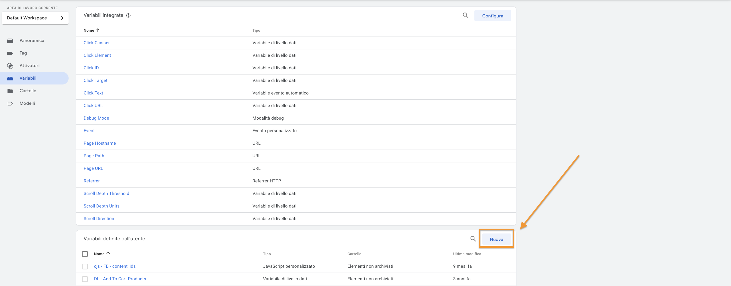 Nuova variabile Google Tag Manager