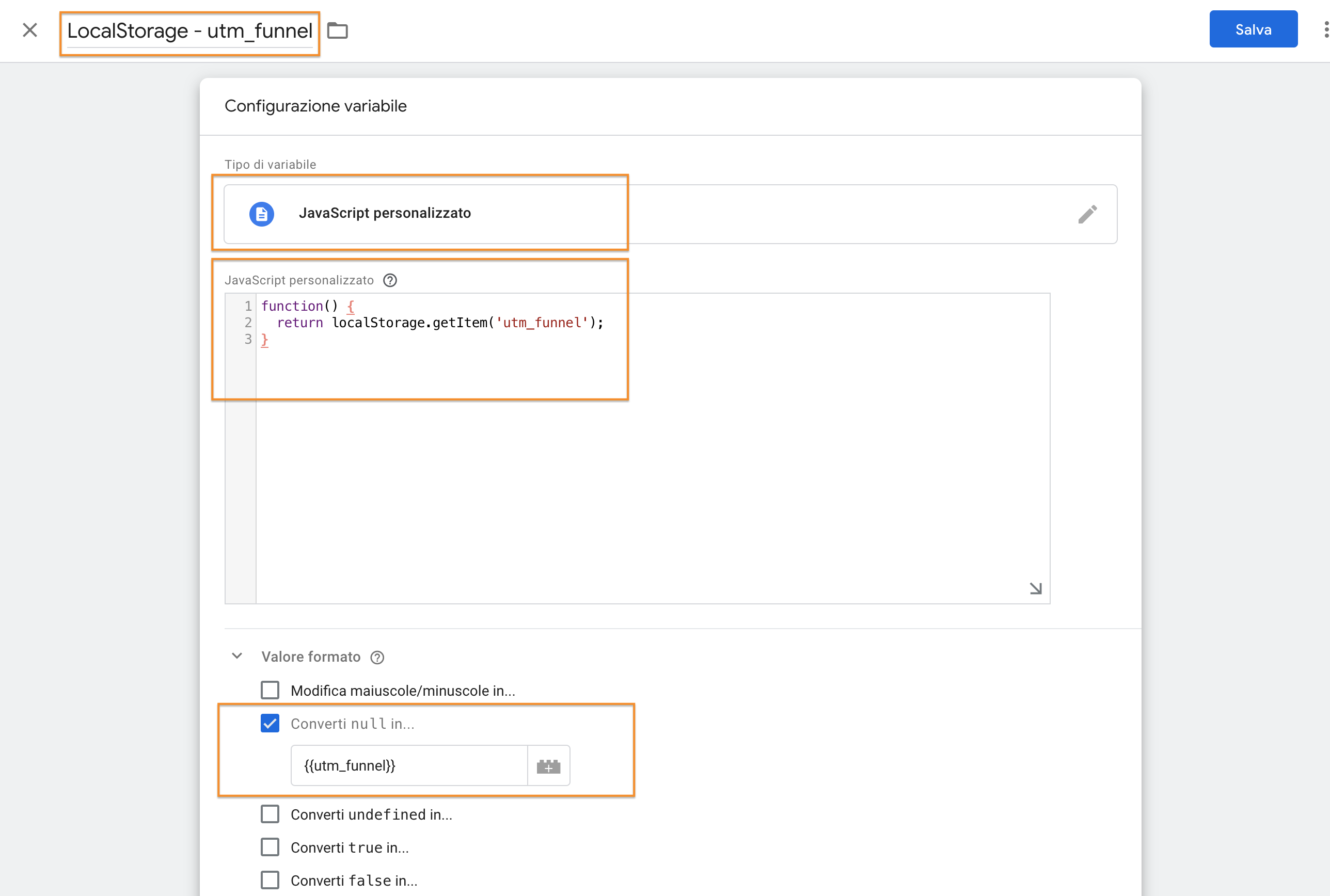 Configurare la variabile Local Storage su Google Tag Manager