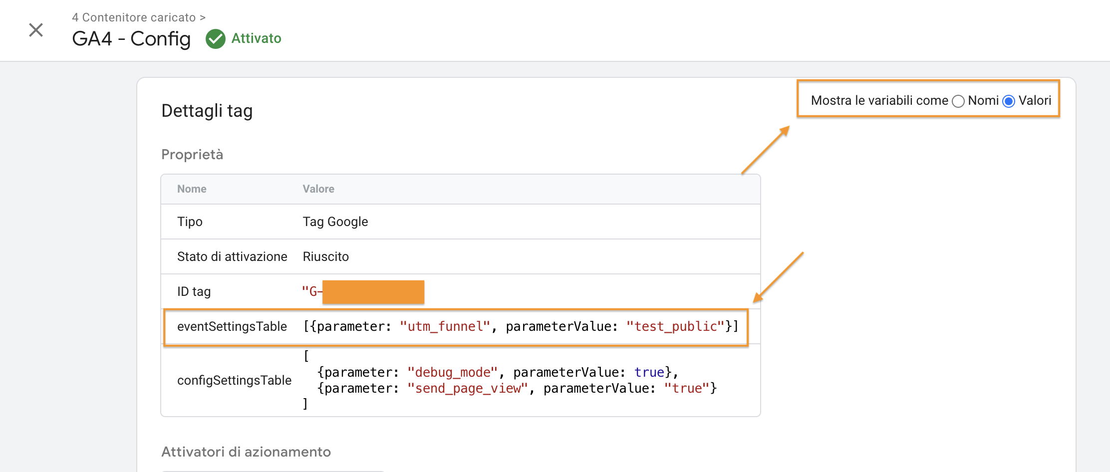 Verifica l'attivazione del tag e il valore su Google Tag Manager